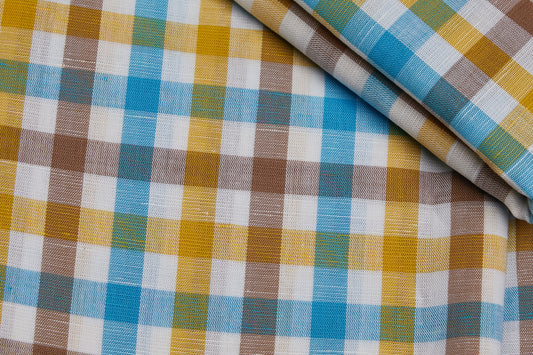 Linen Cotton Blend, Yarn Dyed Checks, Plain,White And Blue Yellow and BrownMen And Women, Unstitched Shirting Or Top Fabric