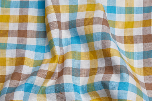 Linen Cotton Blend, Yarn Dyed Checks, Plain,White And Blue Yellow and BrownMen And Women, Unstitched Shirting Or Top Fabric