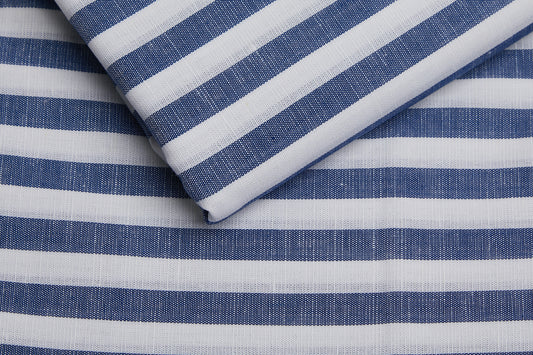 Linen Cotton Blend, Yarn Dyed Stripe, Plain,White And BlueMen And Women, Unstitched Shirting Or Top Fabric