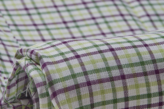 Linen Cotton Blend, Yarn Dyed Checks, Plain,White And Green And VioletMen And Women, Unstitched Shirting Or Top Fabric