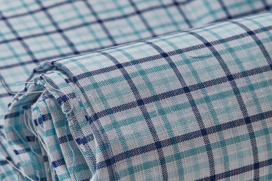 Linen Cotton Blend, Yarn Dyed Checks, Plain,White And Blue And TurqMen And Women, Unstitched Shirting Or Top Fabric