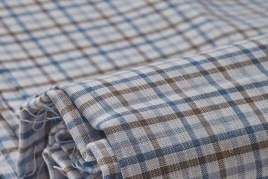 Linen Cotton Blend, Yarn Dyed Checks, Plain,White And Blue And BrownMen And Women, Unstitched Shirting Or Top Fabric